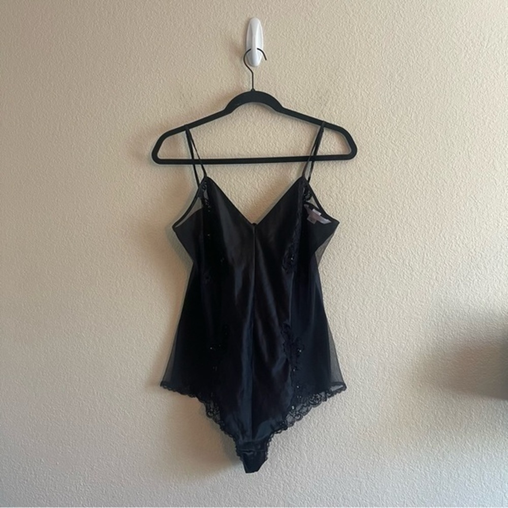 Victorias Secret Black Satin Lingerie Bodysuit Sheer Sides Lace Womens Medium